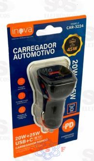 Carregador Veicular Inova Rapido CAR 3224 3 Amperes Saida1 USB + 1 Femea Tipo C 12 Volts 45 Watts